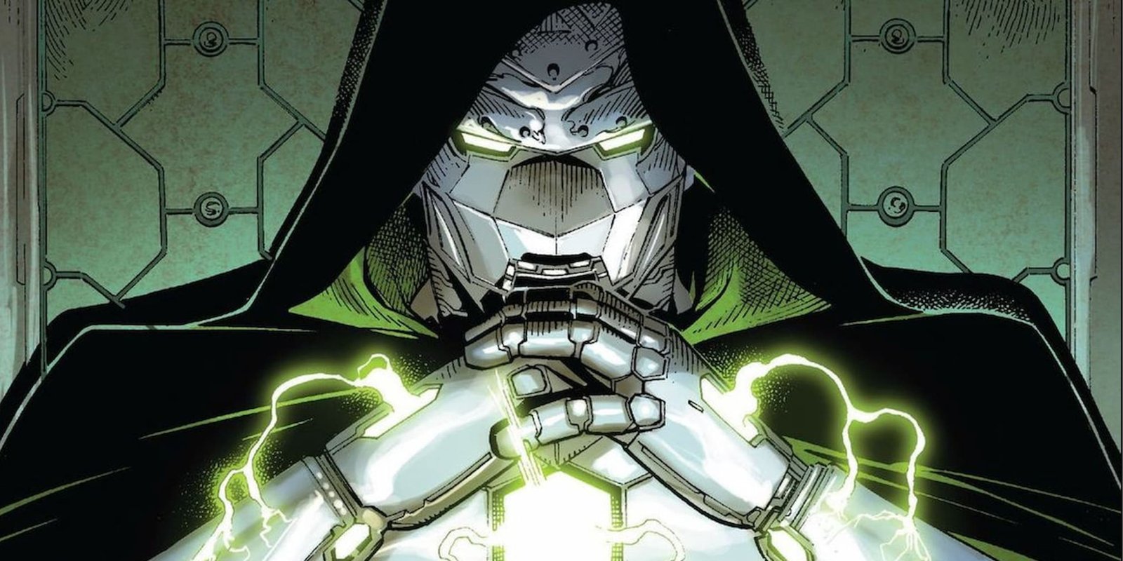 Dr Doom from Marvel Comics drawn image with him folding his hands in contemplation