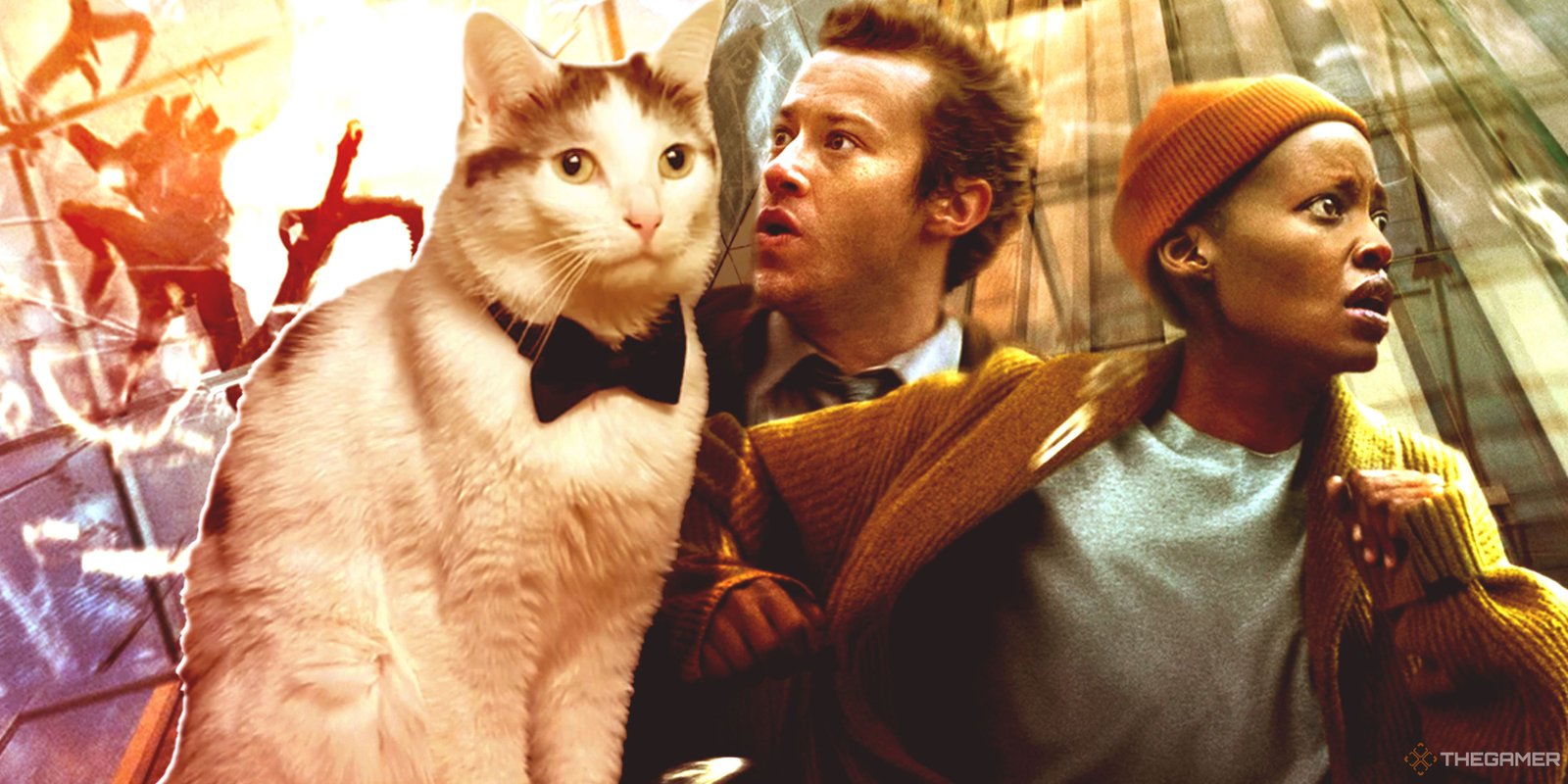 Frodo sitting pretty alongside a stressed out Eric and Sam in A Quiet Place: Day One