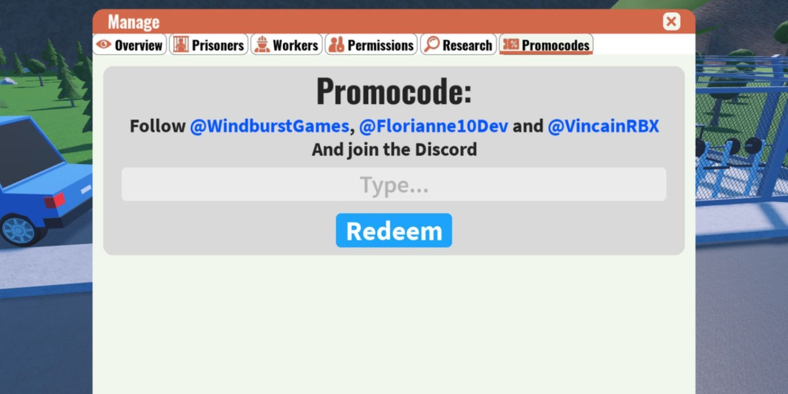 Roblox: My Prison the codes tab