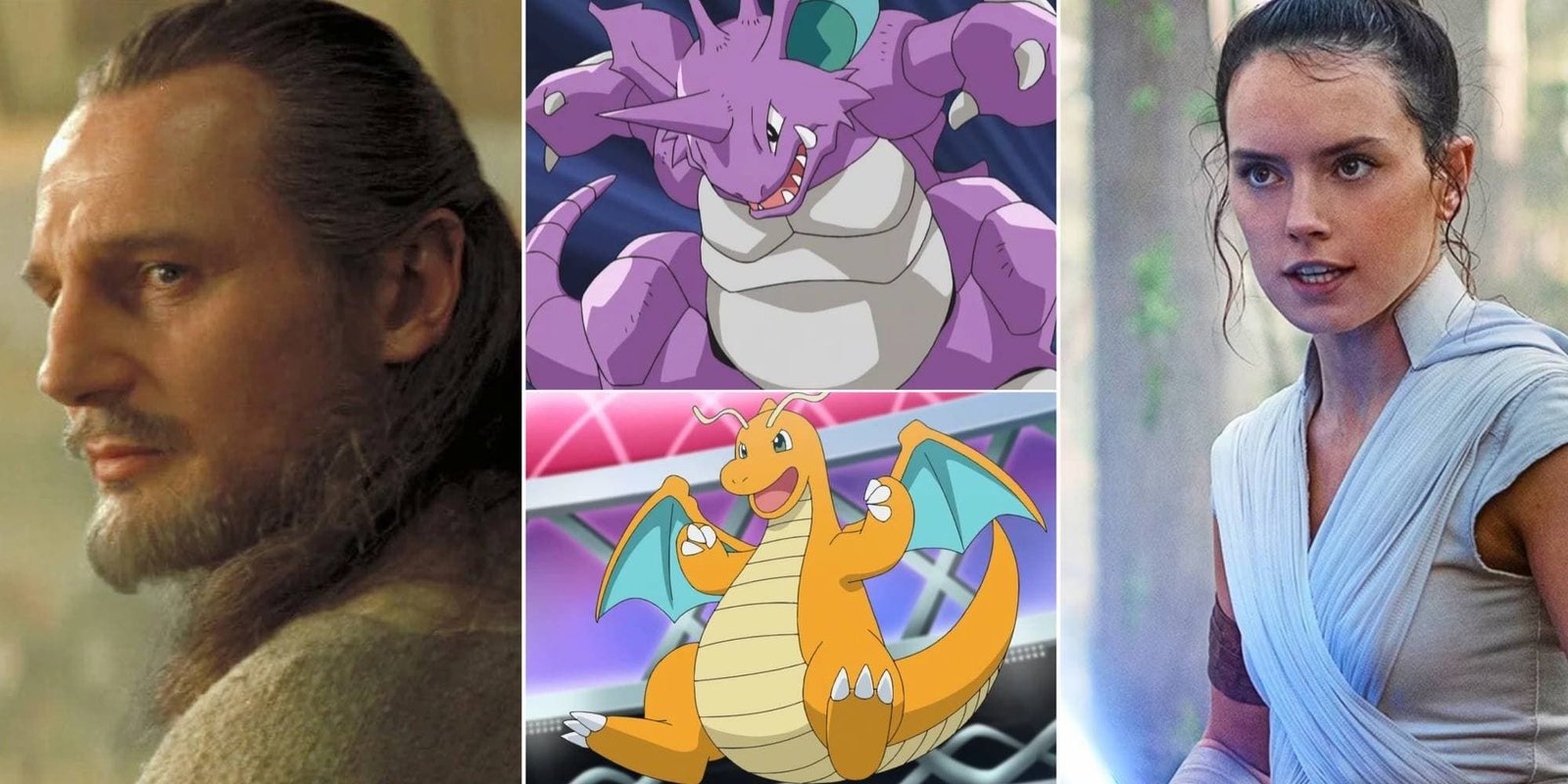 Qui-Gon Jinn looks over his shoulder, Nidoking stomps, Dragonite floats in the sky ready to fight, and Rey prepares to battle with her blue lightstaber.