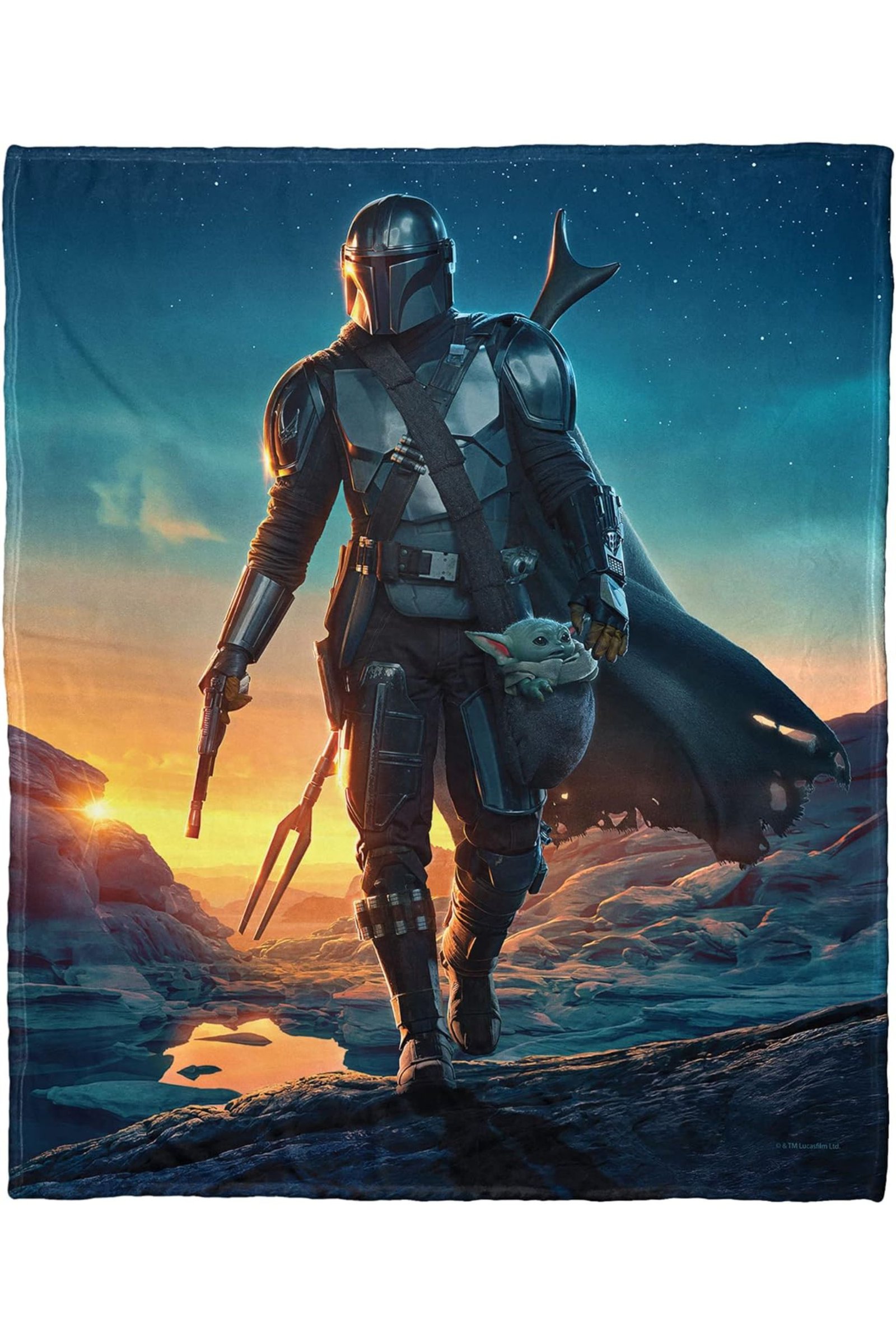 Mandalorian Nightfall Throw Blanket Featuring Din Djarin with Gorgu in his bag
