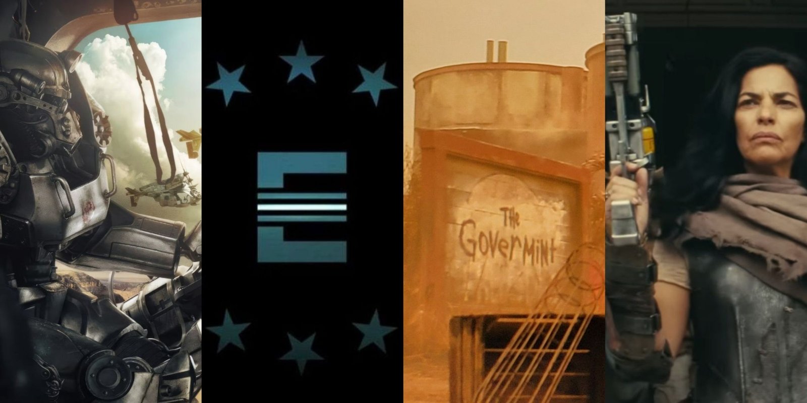 Four-image collage of a Brotherhood Knight in a plane, the emblem logo for The Enclave in Fallout, The Government HQ in the show, and leader of the NCR Lee Moldaver armed for battle.