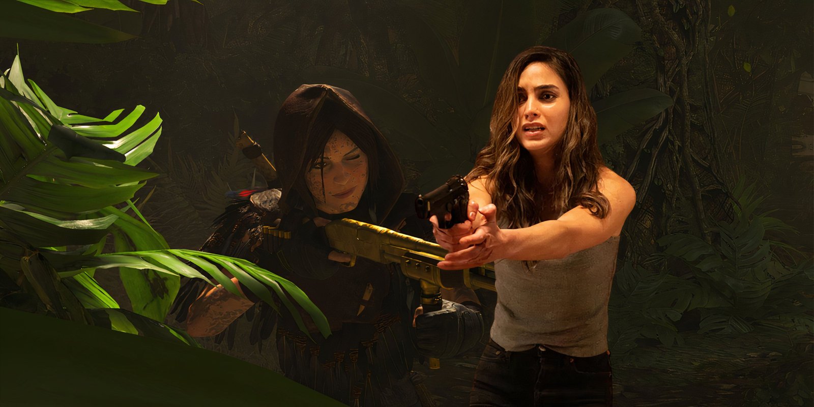 Melissa Barrera holding a gun in a screenshot from Shadow of the Tomb Raider