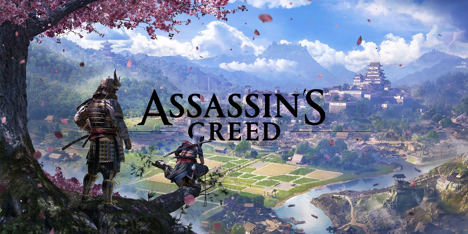 Assassin's Creed logo black over AC Shadows promo artwork Yasuke and Naoe on a cliff