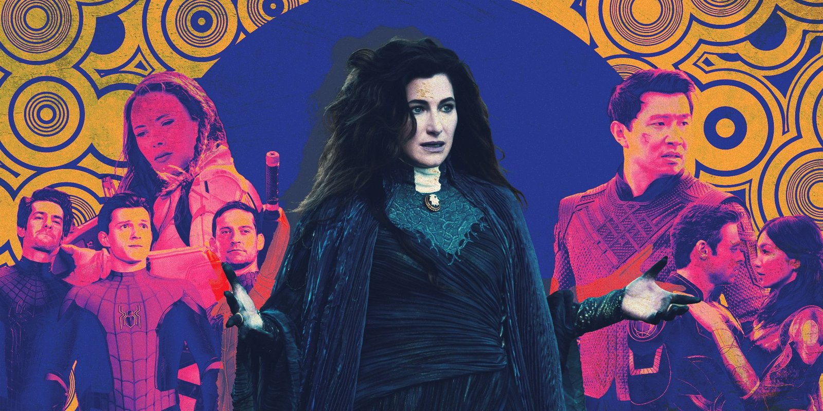 Agatha surrounded by MCU characters from 2021 movies.