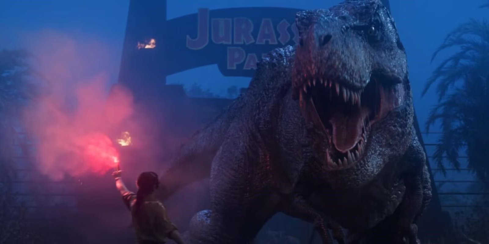jurassic park survival t rex woman with flare