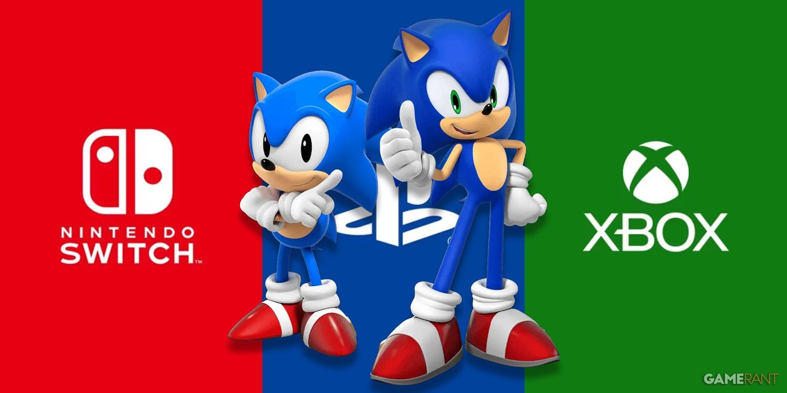 Classic and Sonic the Hedgehog Standing in front of gaming console logos
