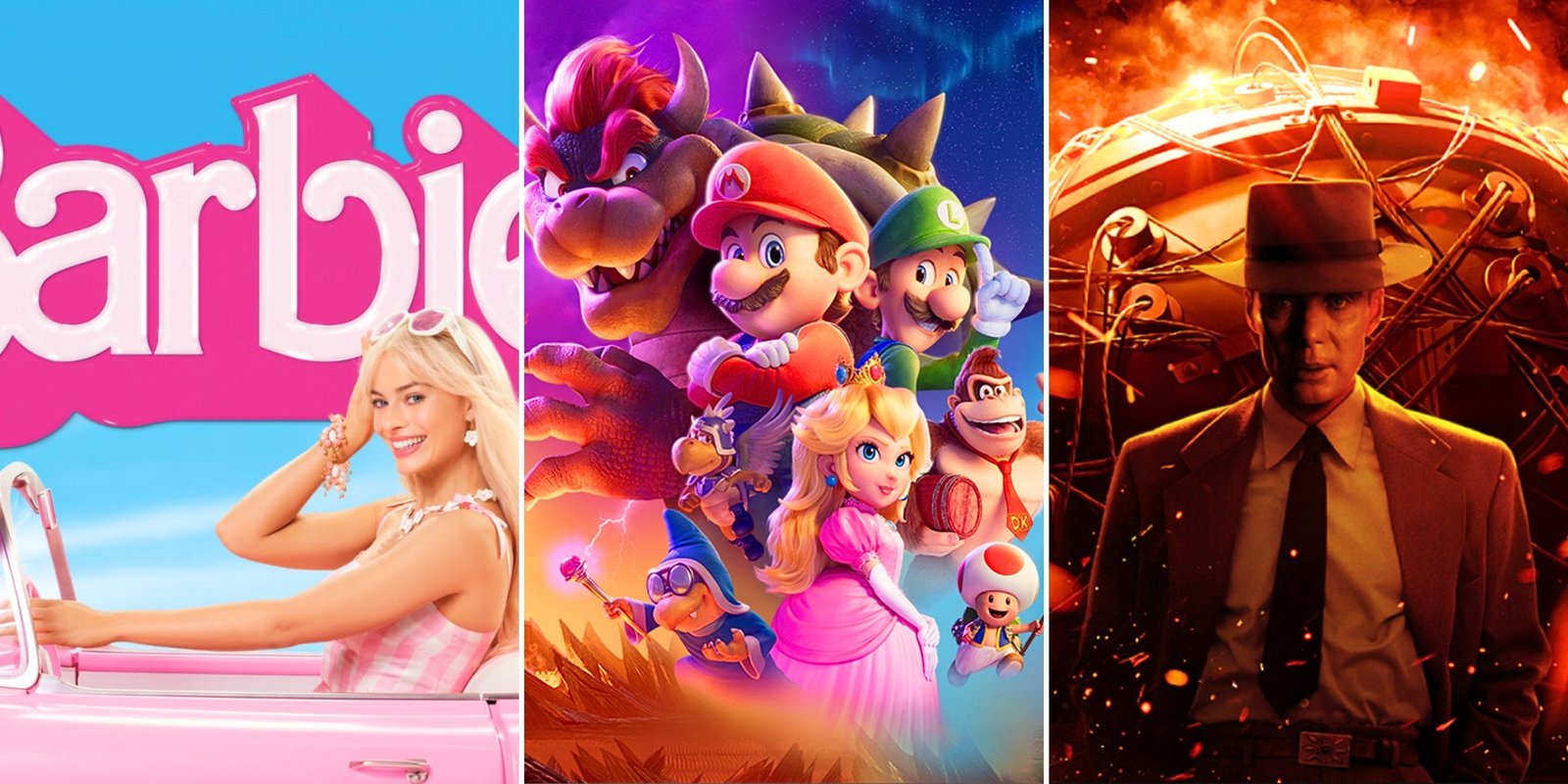 Collage image featuring Barbie Movie, Mario Movie, and Oppenheimer Movie posters