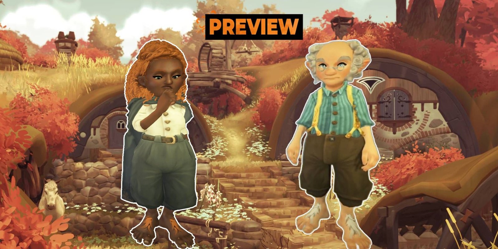 two hobbits standing in front of an autumnal hobbit hole in tales of the shire