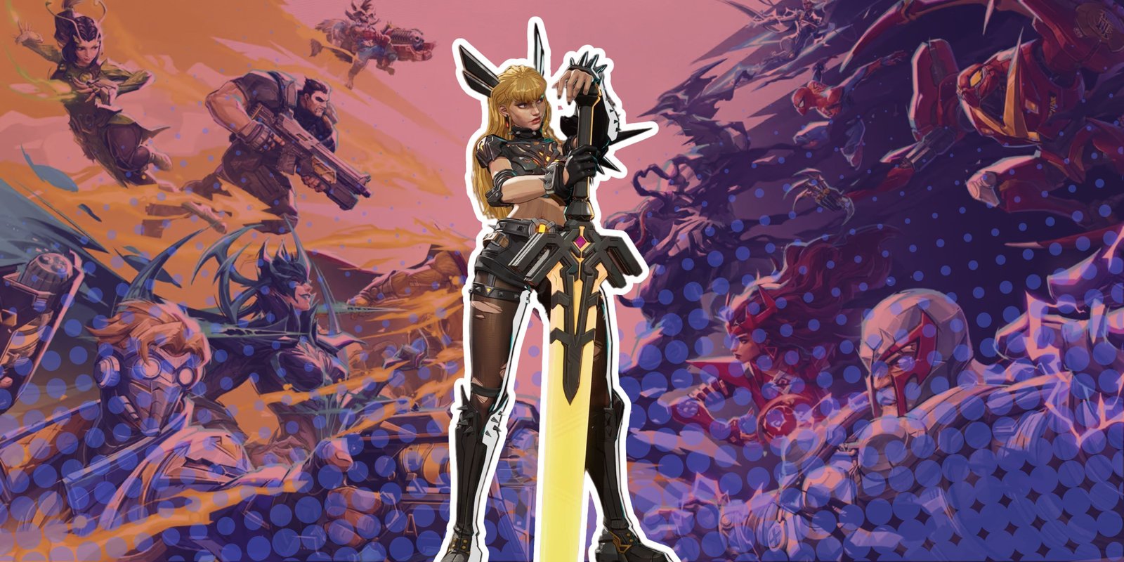 Magik standing in front key art of the heroes clashing in Marvel Rivals (1)