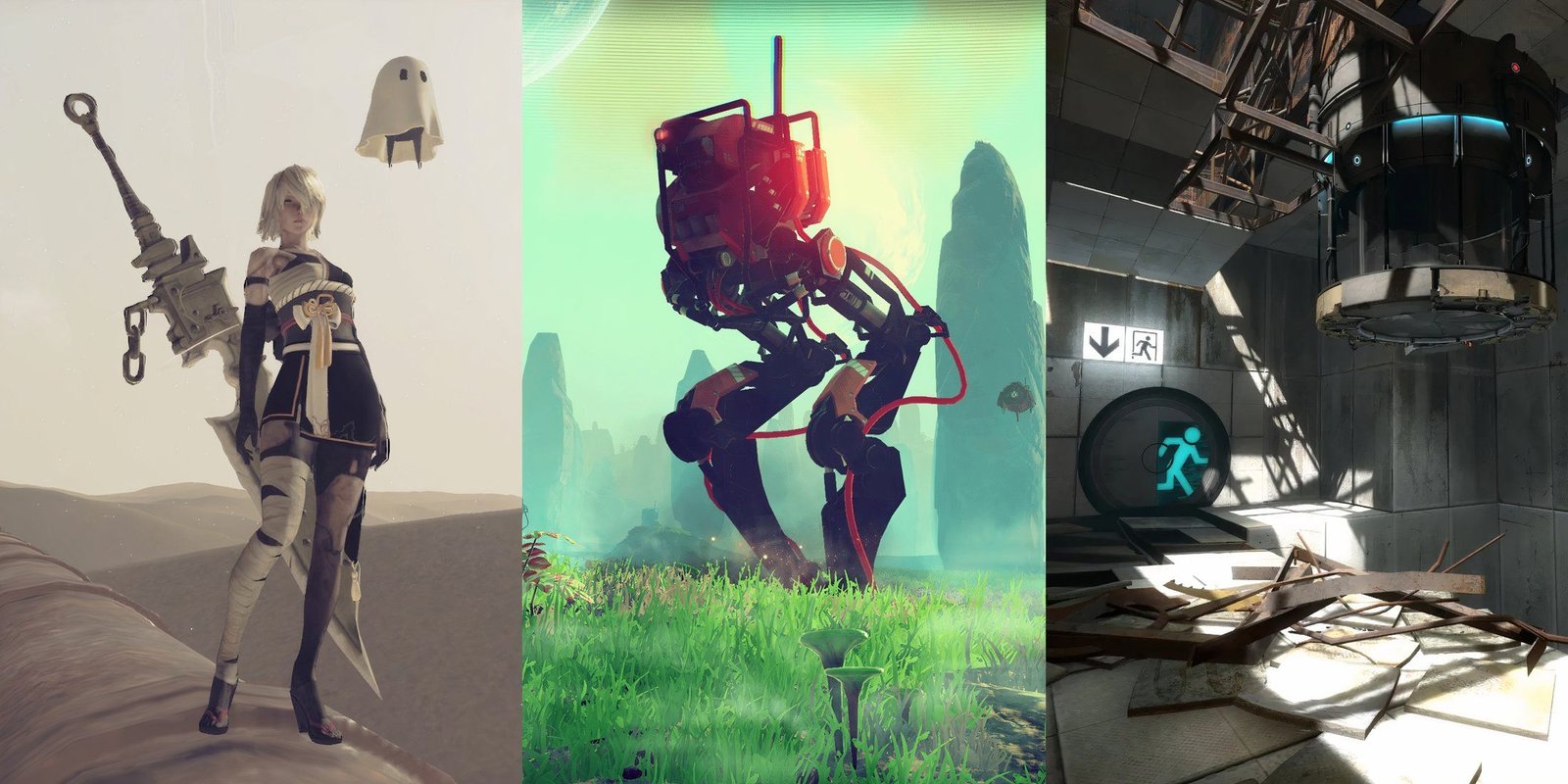 Split image showcasing 2B in a desert, a robot walker on a planet in No Man's Sky, and a Portal level  with various architecture.