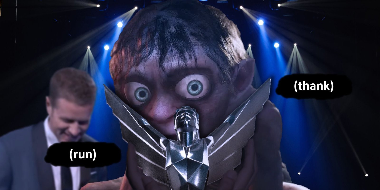 The looming figure of Gollum at The Game Awards with Geoff Keighley