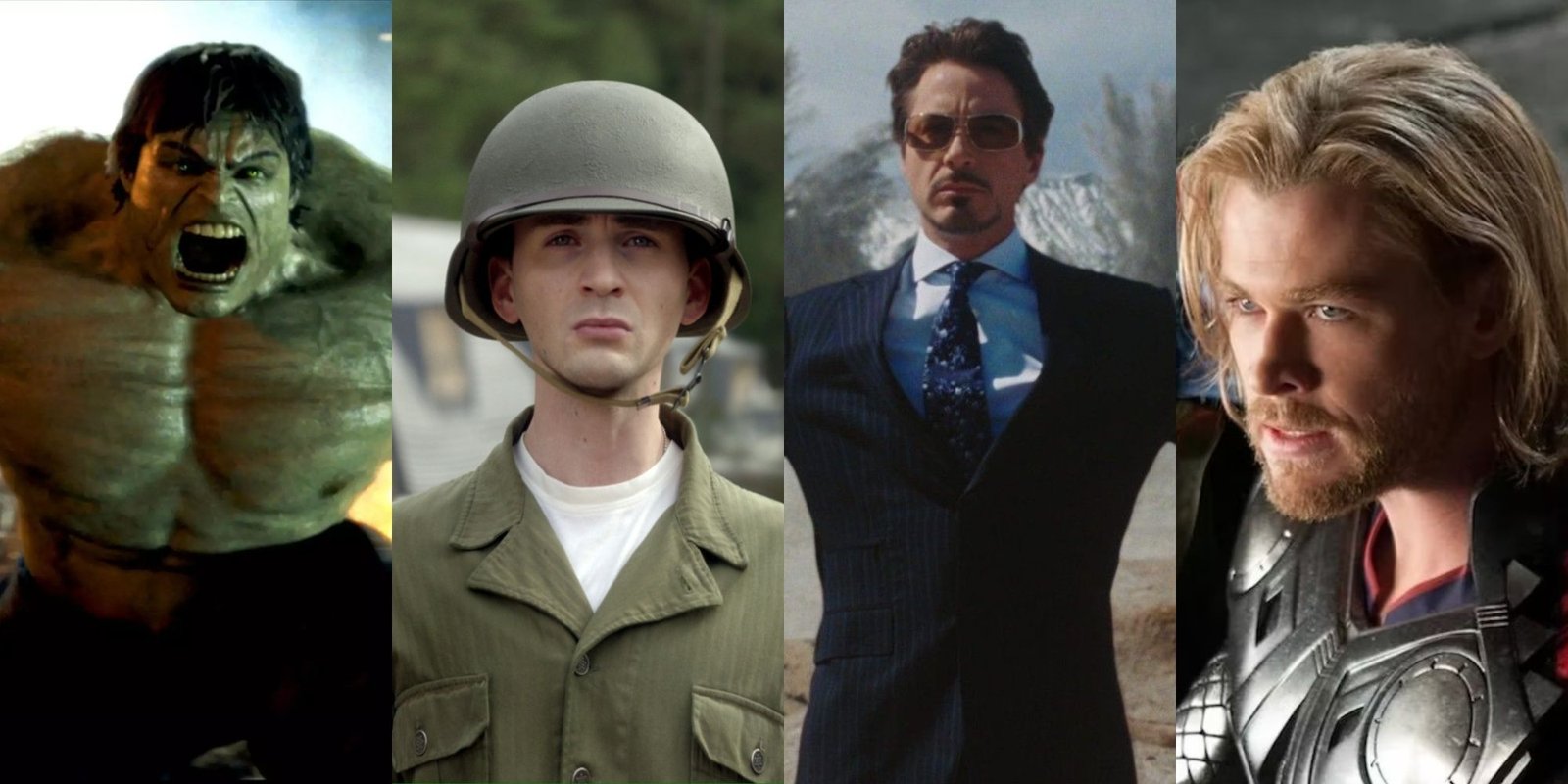 A collage showing Hulk (Edward Norton), Steve Rogers (Chris Evans), Tony Stark (Robert Downey Jr.), and Thor (Chris Hemsworth), from different Marvel movies