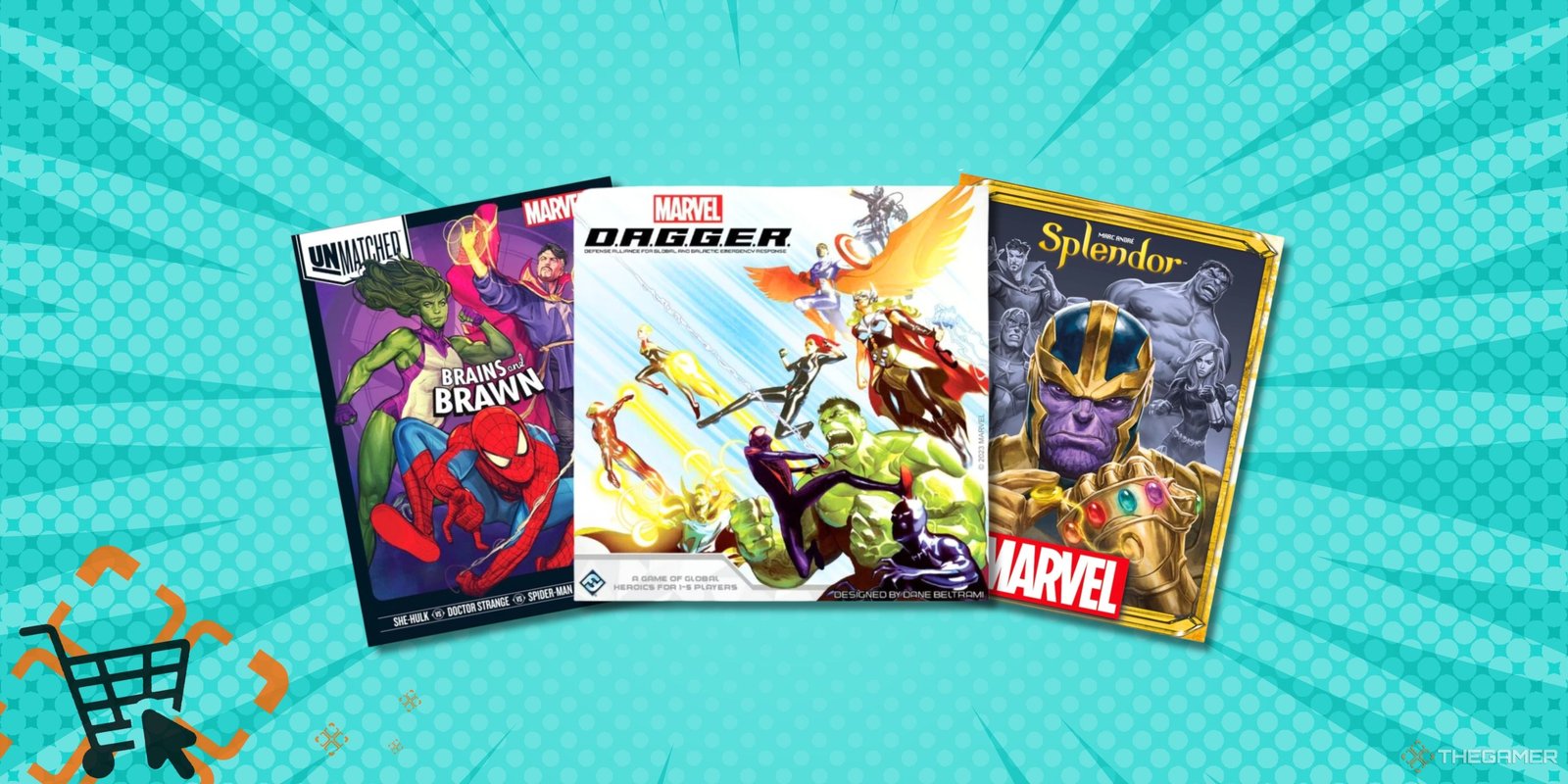 Collage image featuring three Marvel superhero themed games on top of a comic book background