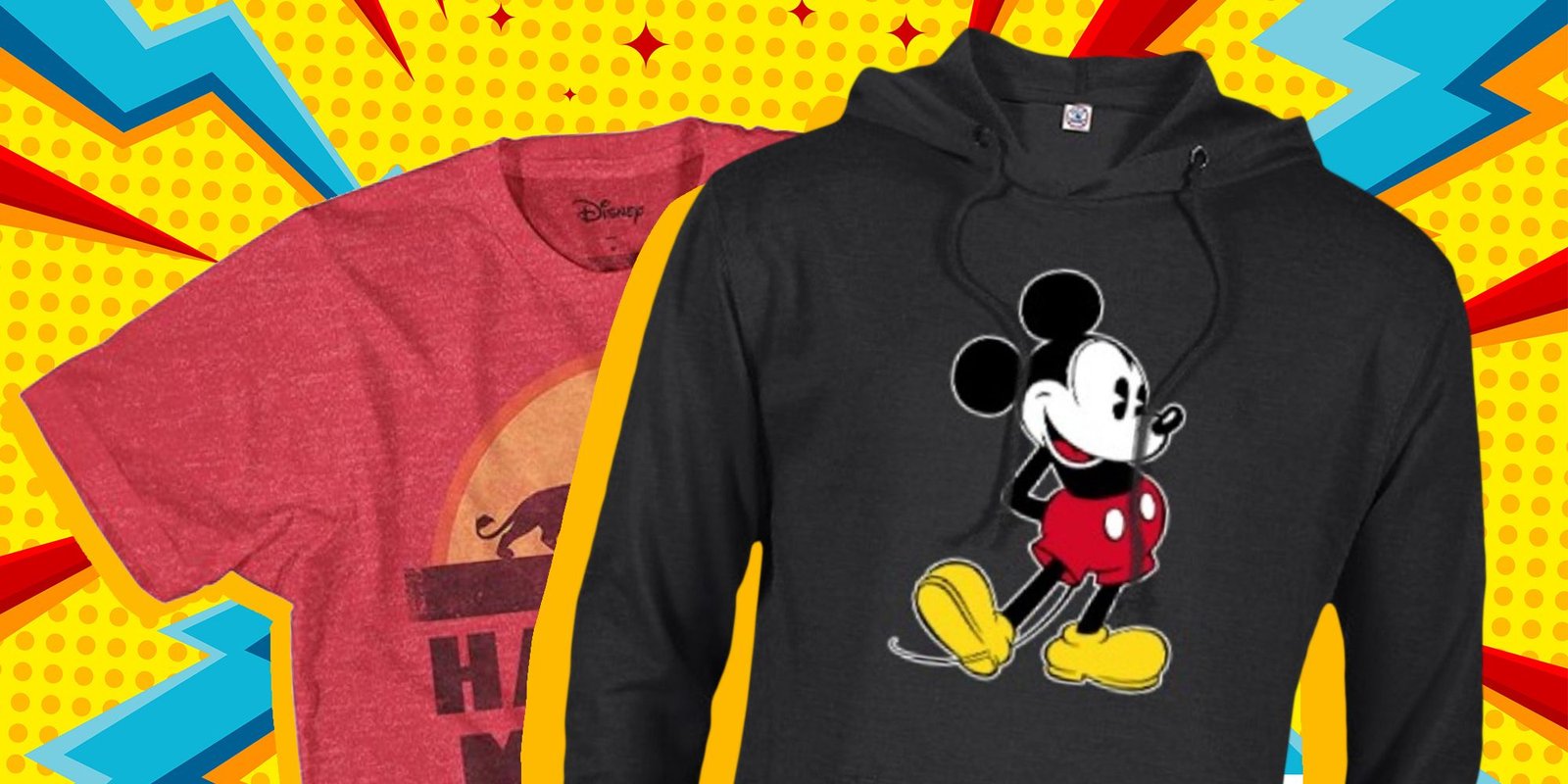 A Hakuna Matata t-shirt and Mickey Mouse hoodie on a yellow background 