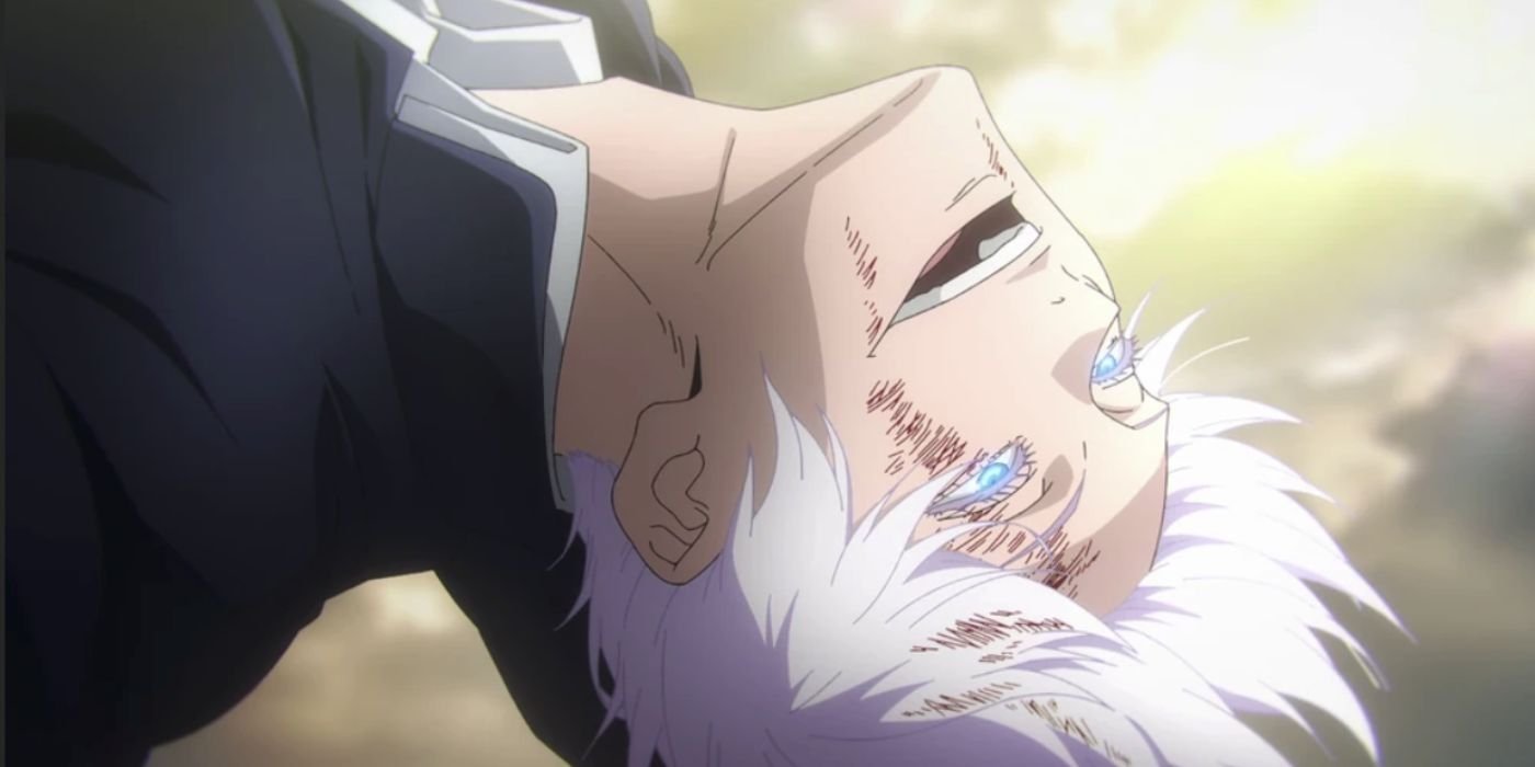 Gojo, in midair, throws his head back in ectasy. 