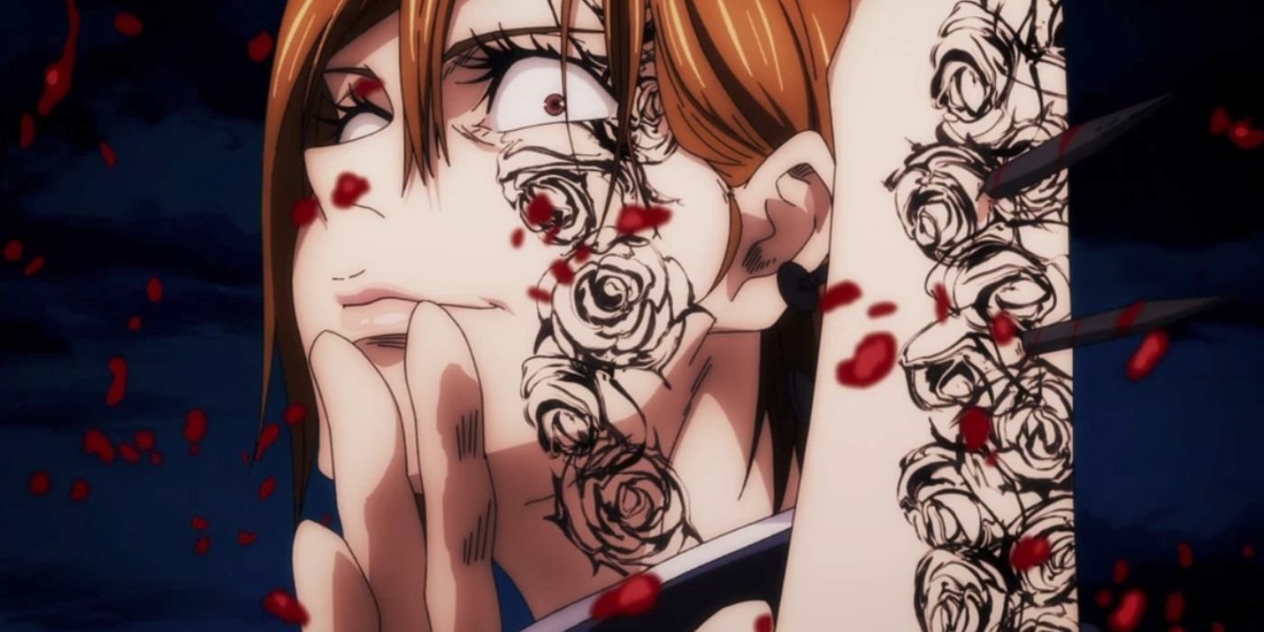 Nobara, marked with a curse, wears an intense look. 