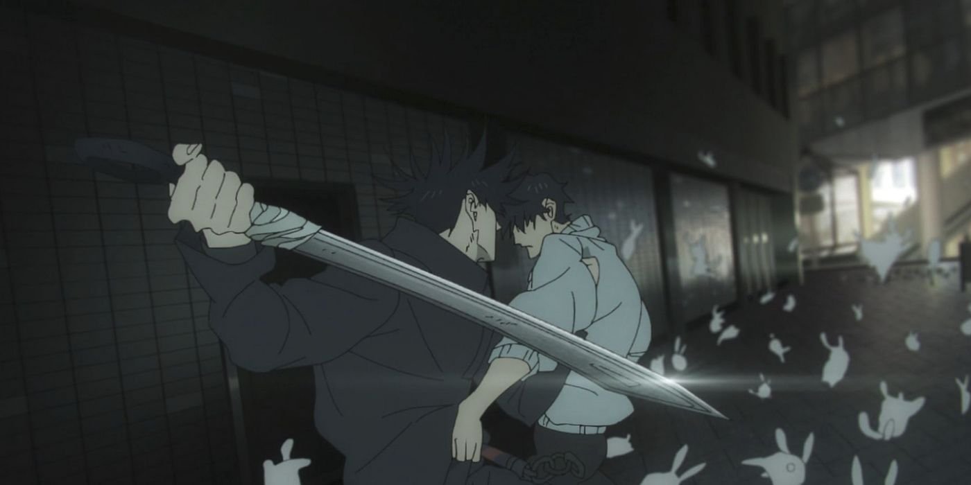Megumi attempts to stab Toji surronded by Rabbit Escape. 