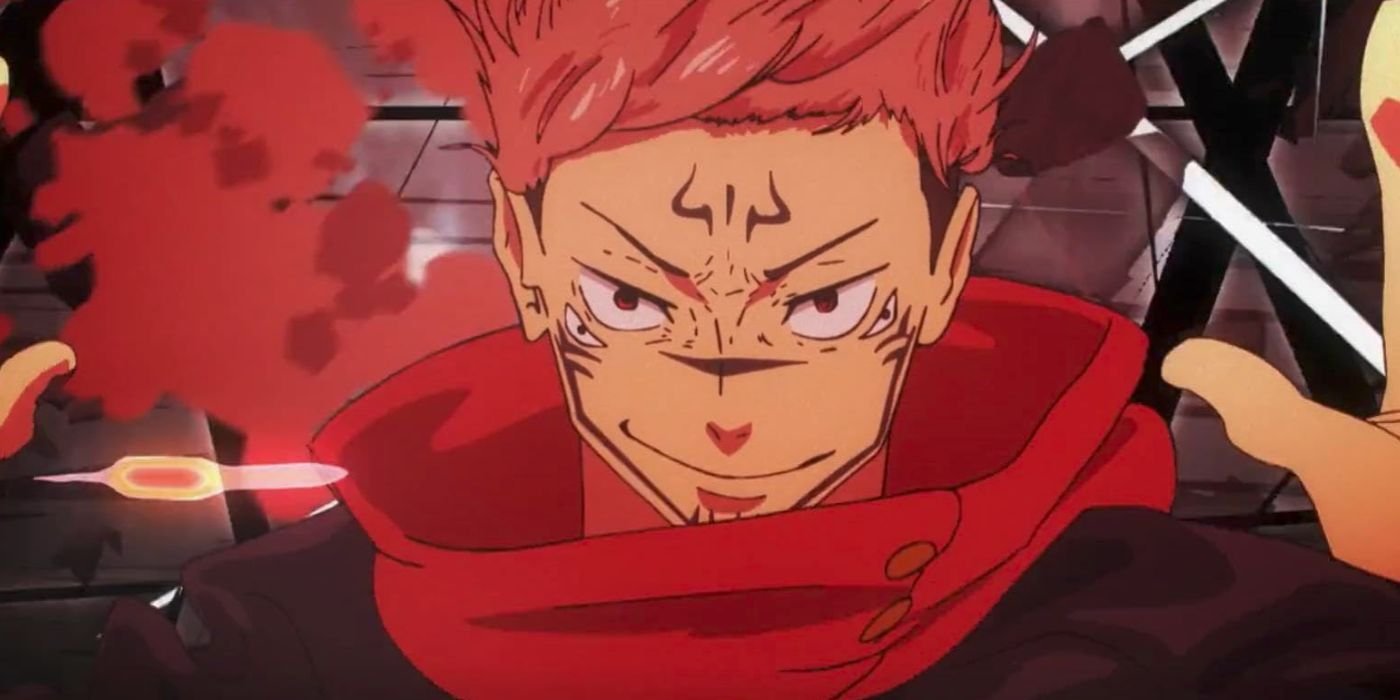 Sukuna, as Yuji, in mid-attack. 