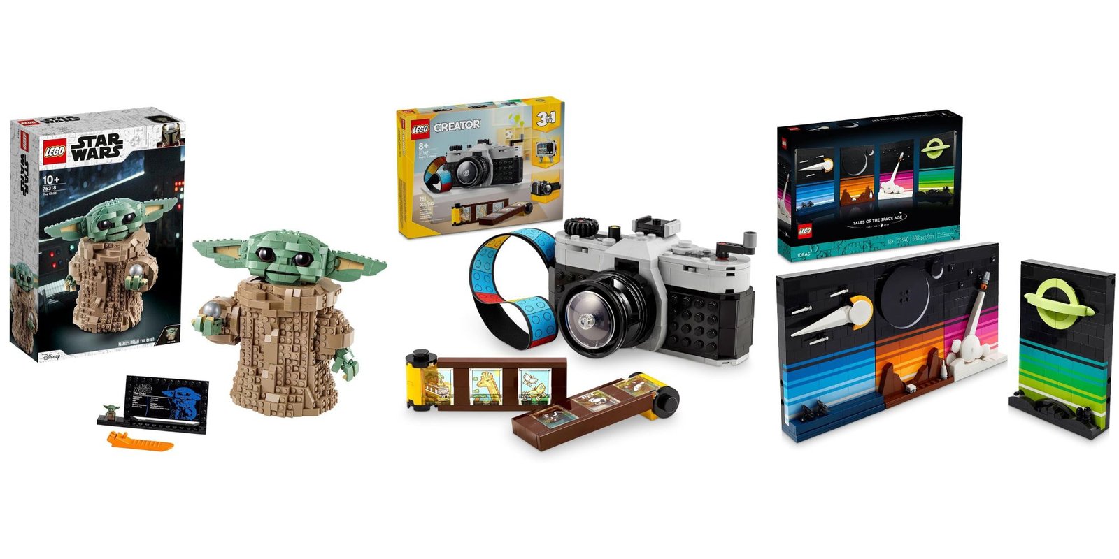 Three Lego sets, from left to right, Grogu, a retro camera, space postcards.