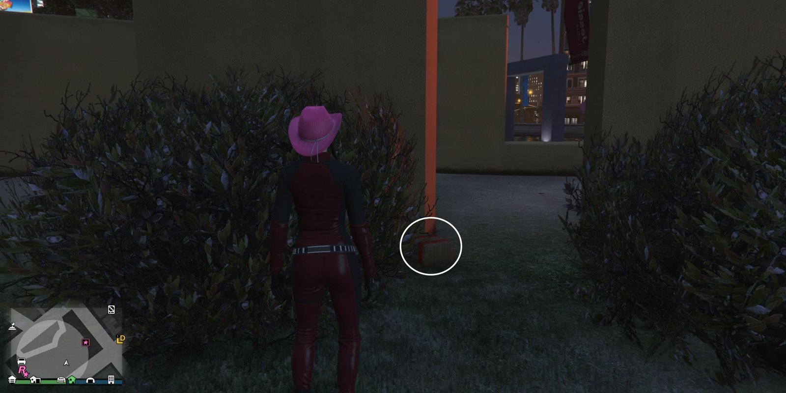 Image depicts a female player in GTA Online at Legion Square stood behind a large yellow wall with gaps in between each pillar, and next to some bushes. In front of the player, and next to a gap in the yellow wall, G's Cache is on the grass.