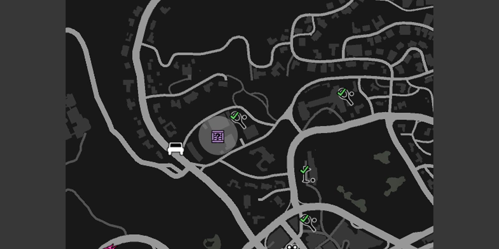 Image depicts the University of San Andreas on the GTA Online map, indicated with a grey circle and the purple G's Cache crate icon.