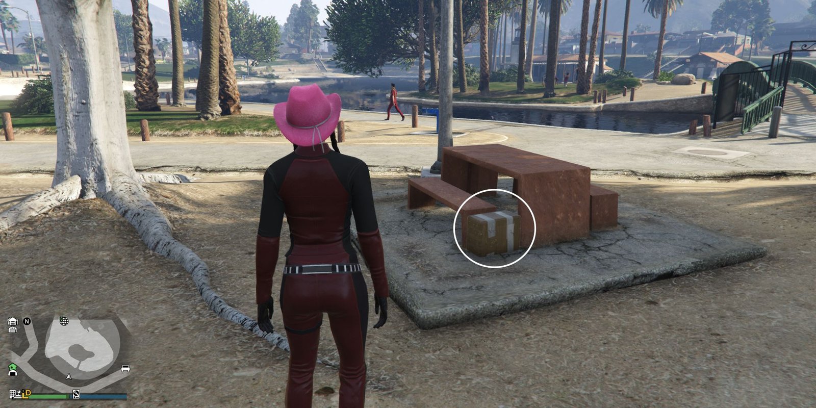 Image depicts a female player in GTA Online at the Mirror Park Lake stood next to a red bench with some trees around. There is part of a green bridge to the right of the image. Next to the bench, G's Cache is on the floor.