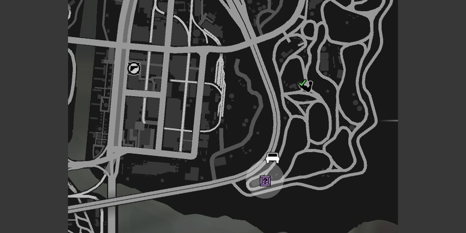 Image depicts Jay and Sons in El Burro Heights on the GTA Online map, indicated with a grey circle and the purple G's Cache crate icon.