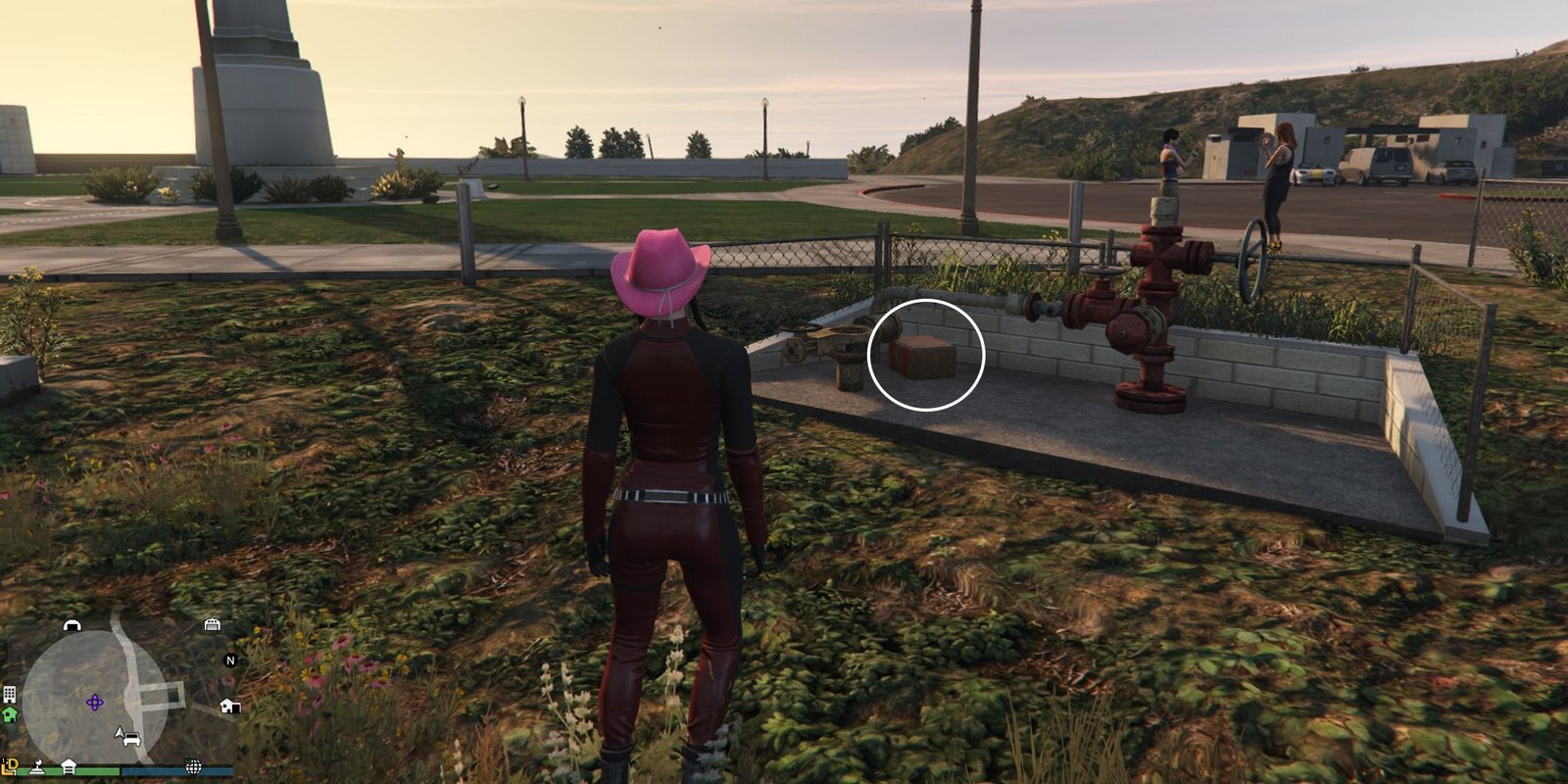 Image depicts a female player in GTA Online at the Galileo Observatory stood on some grass in the main square of the area. To the right of the player is a water supply system, with two hydrants in a small walled off area in the grass. G's Cache is sat next to the hydrant on the left of this space. 