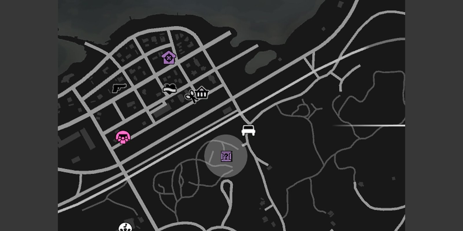 Image depicts Senora National Park's location on the GTA Online map, with it being indicated by a grey circle, and the purple G's Cache crate icon.