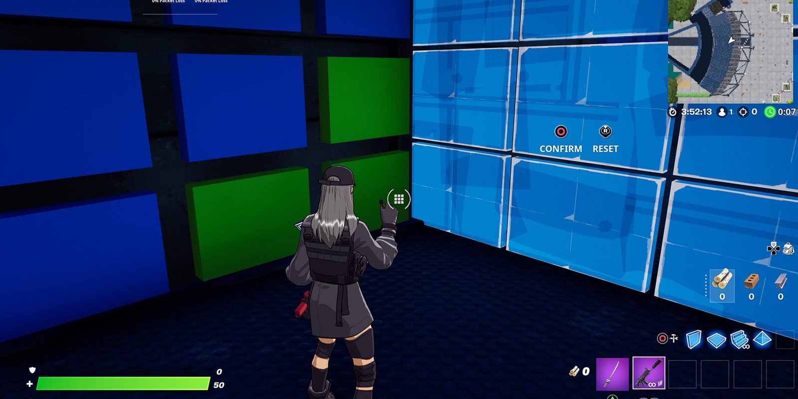 Fortnite creative mode edit course and aim trainer. Blocks on wall to indicate edits