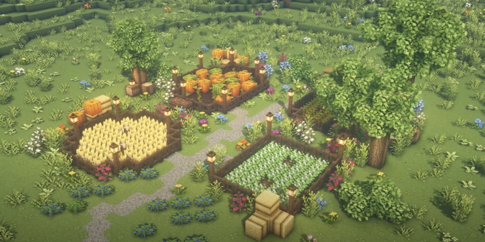 An image from Minecraft of a Cottage Core Farm Design, which is made up of 4 different clusters of plants surrounded by different shapes of fences.
