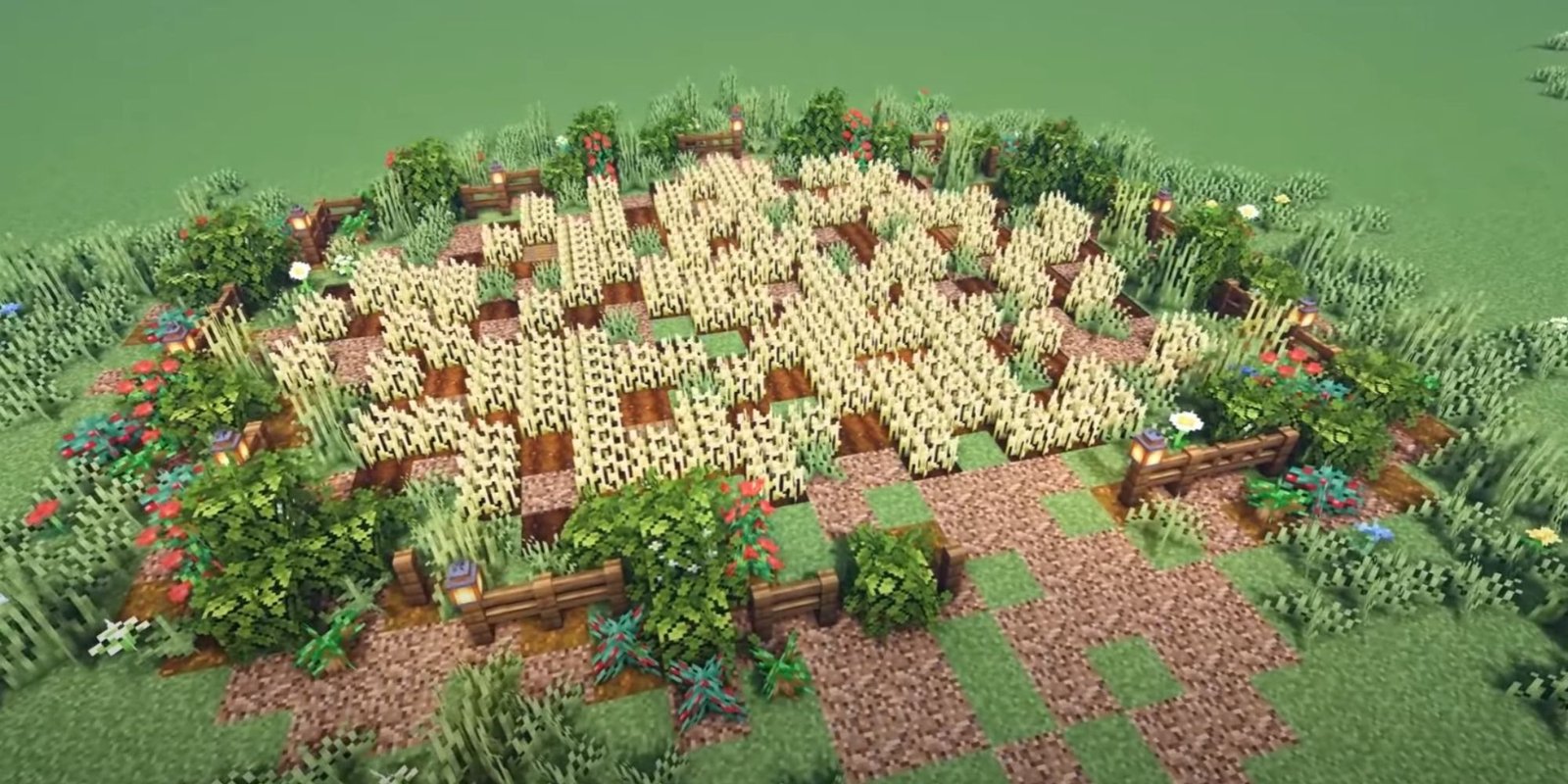 An image from Minecraft of a wheat field surrounded by leaves, fences, grass, and lamps. 