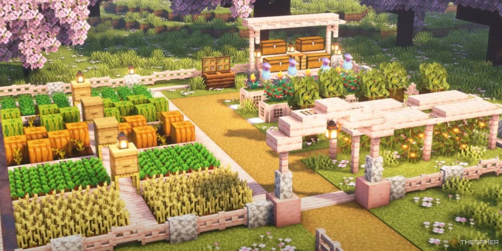 An image from Minecraft of a Cherry Blossom Field of Crops