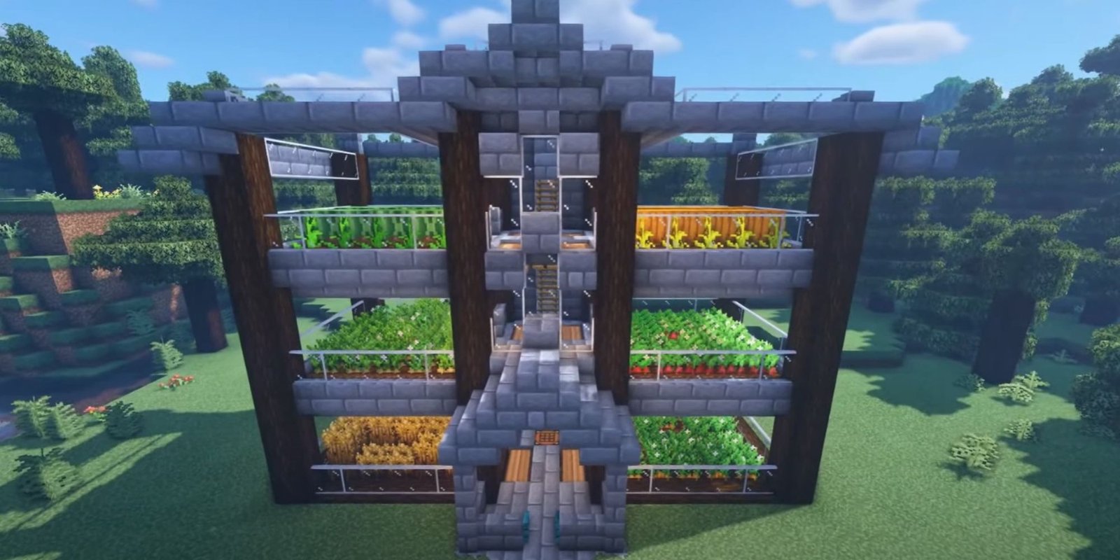 An image from Minecraft of a Compact Farm, which is a tight building that holds multiple levels of different farms, supplying you with every crop that you need.