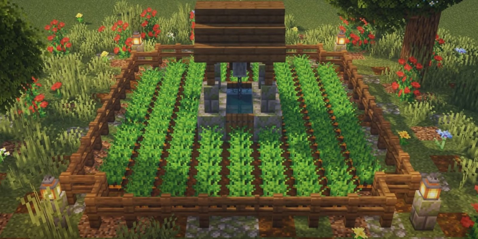 An image from Minecraft of an aesthetically pleasing piece of farmland equipped with a well in the center. Redstone will control the water, causing it to flow and automatically farming the crops when they are complete.