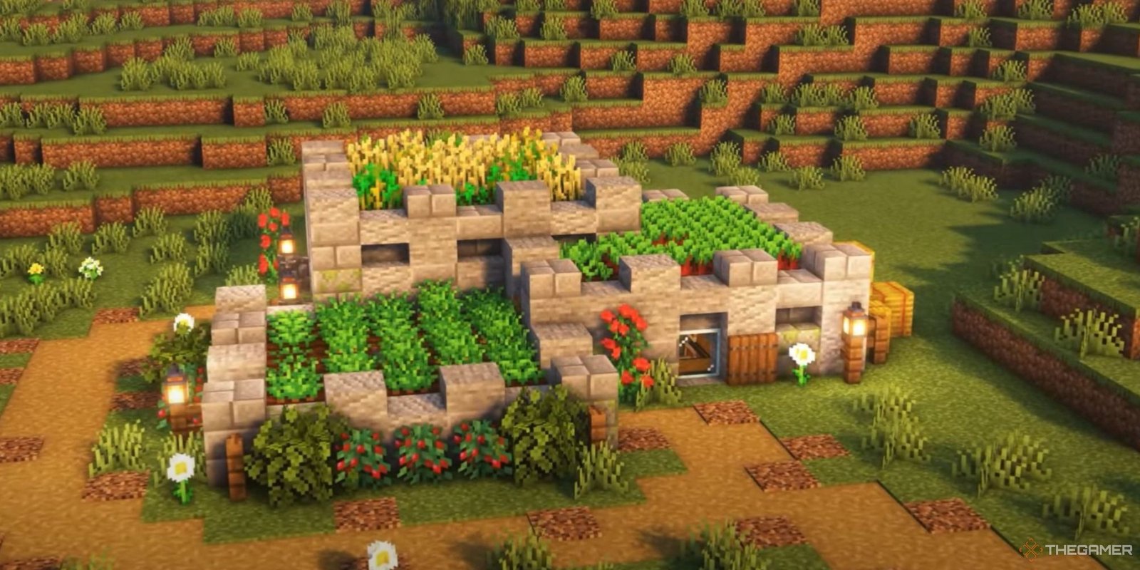 An image from Minecraft of a Tiered Farm that has an underground living area.