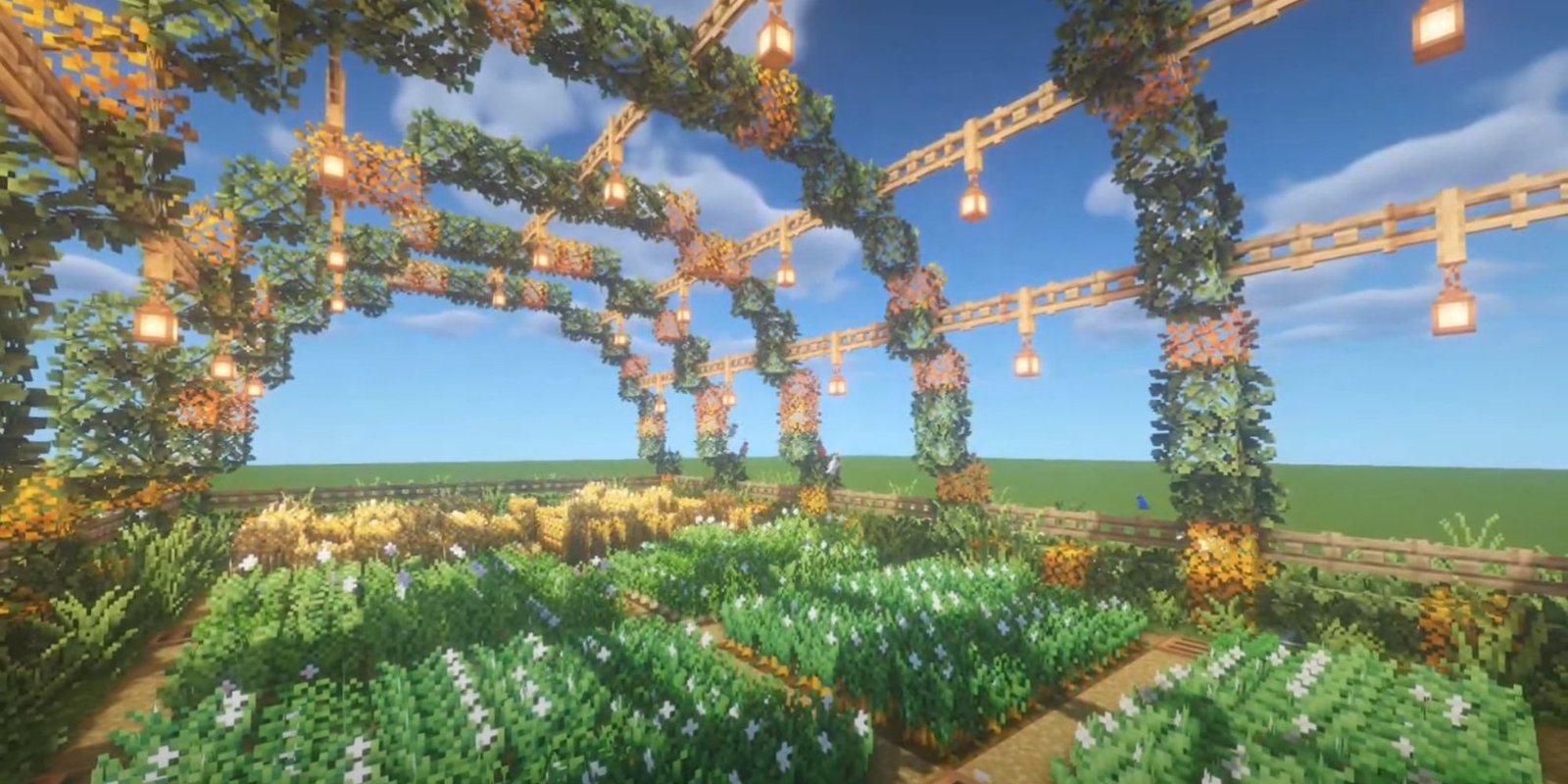 An image from Minecraft of a simple farm design with hanging lights and plants that grow over the fields, offering shade and a pleasing appearance. 