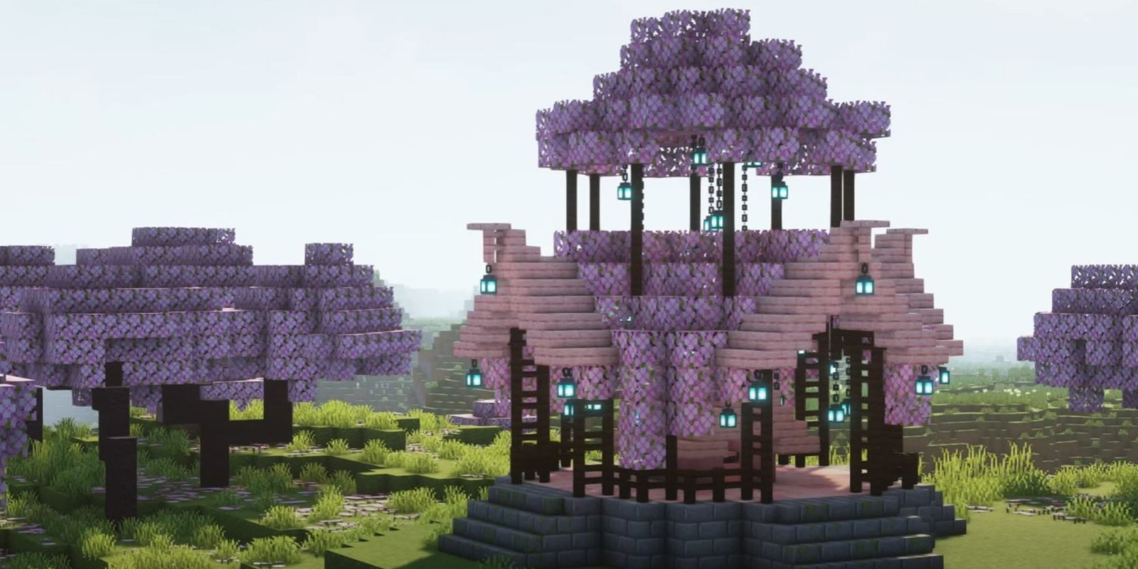An image from Minecraft of a Pink Petal Pagoda, which automatically collects Pink Petals when they grow on a grass block. 