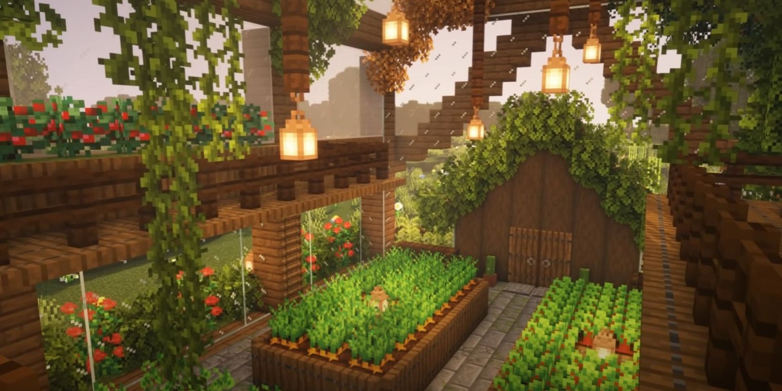 An image from Minecraft of the inside of a large greenhouse, which contains hanging vines and containers for every single crop in the game. 
