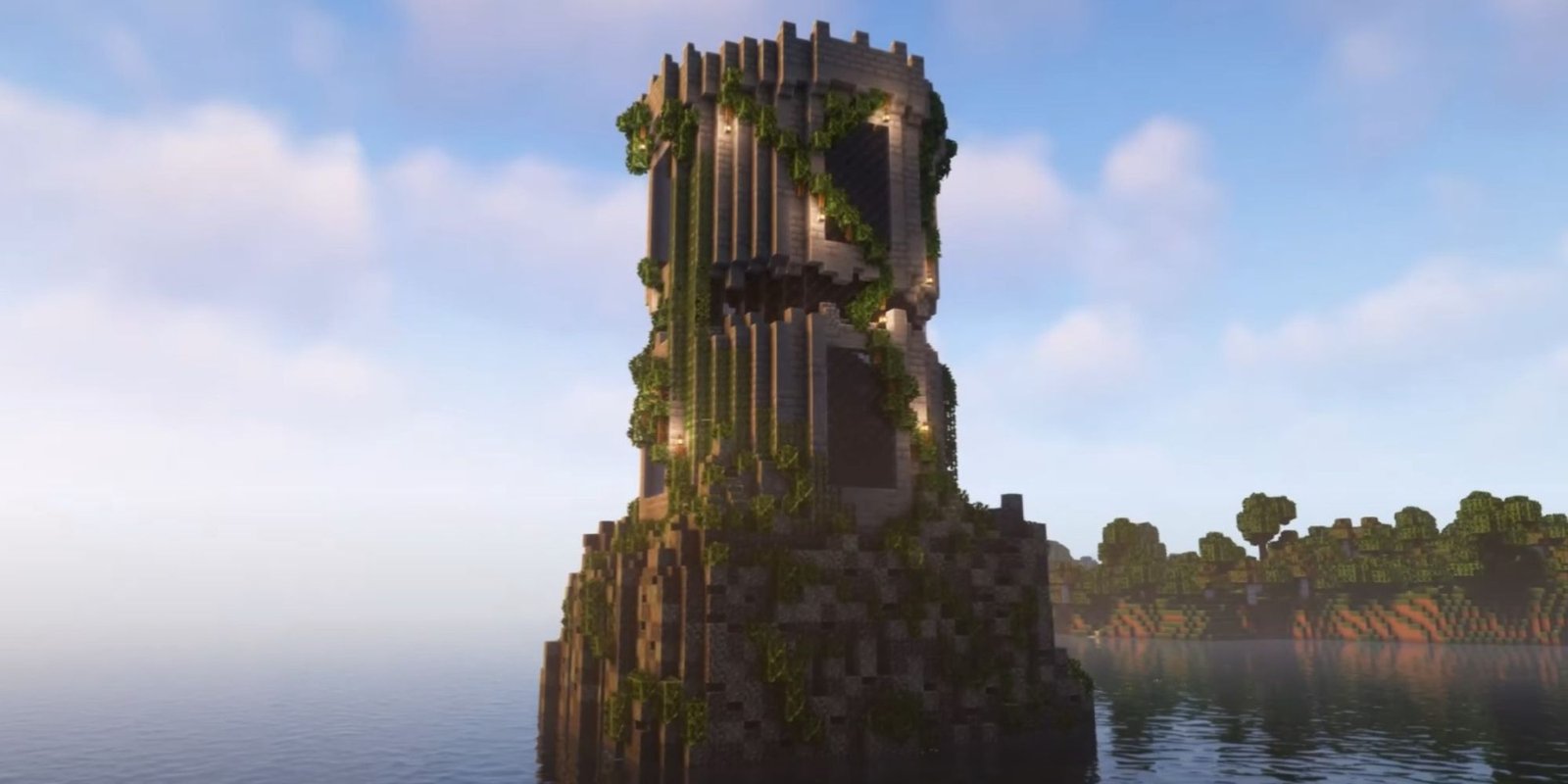 An image from Minecraft of an automatic mob farm, decorated to look like a castle tower covered in vines and leaves.