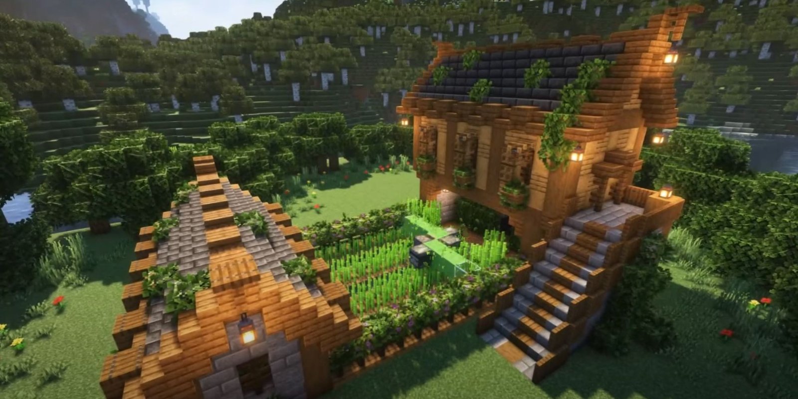 An image from Minecraft of an Automatic Sugarcane Farm, which consists of two wooden houses and a sweeper powered by redstone. The sweeper will travel between the two houses, automatically collecting the sugar cane. 