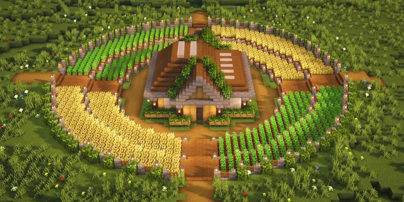 An image from Minecraft of a Sunken Crop Farm House, which features a large wooden house surrounded by a circle field of crops. These crop fields are tiered and travel updwards. 