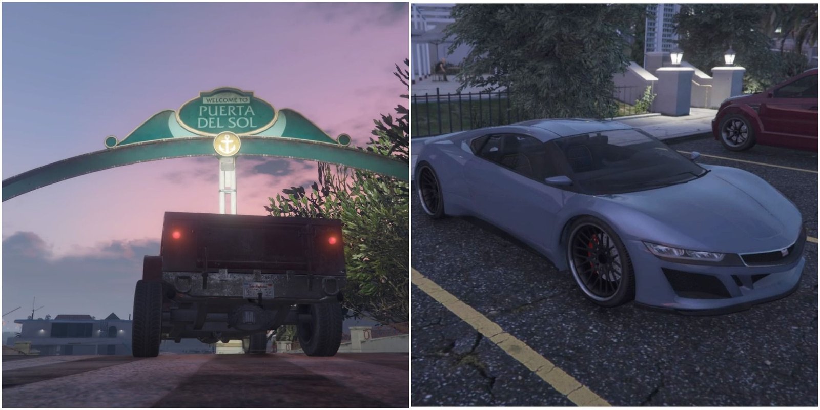 GTA V Puerta Del Sol Marina Car Park sign and silver Supercar Split image