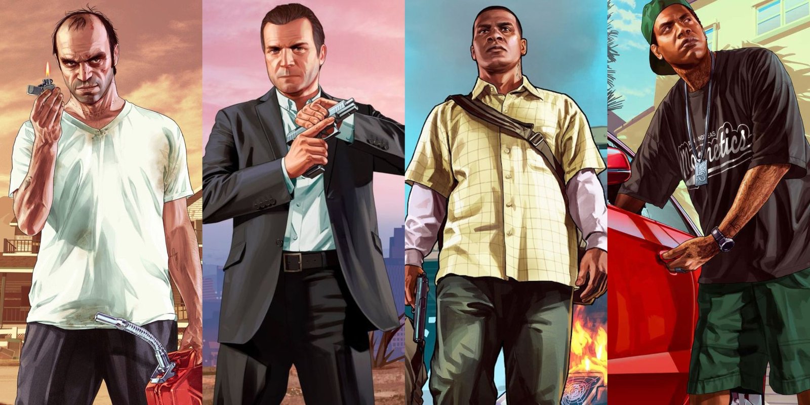 A collage showing the posters of Trevor, Michael, Franklin, and Lamar from Grand Theft Auto 5
