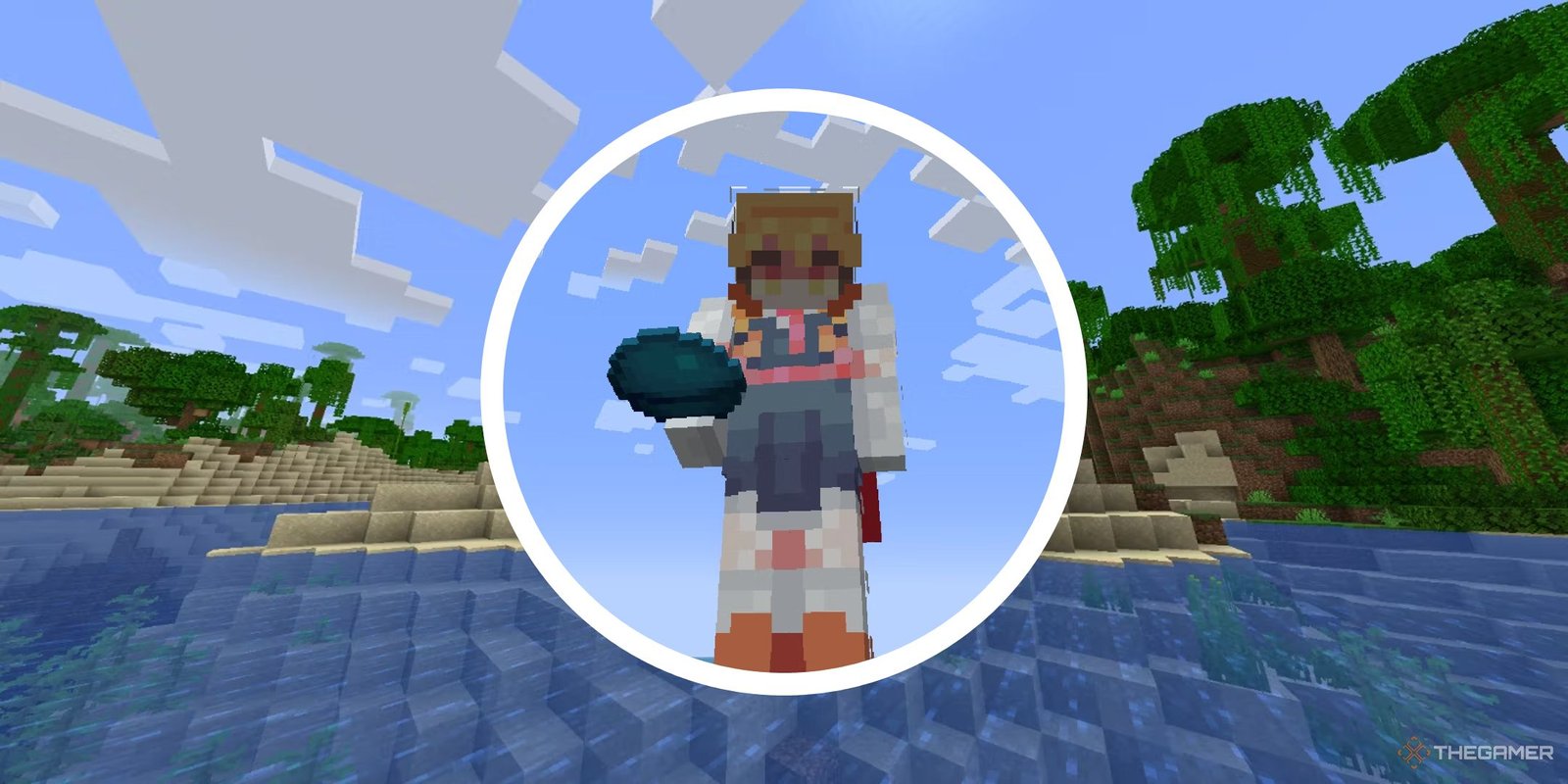 minecraft beach near jungle with circle png of player holding heart of the sea