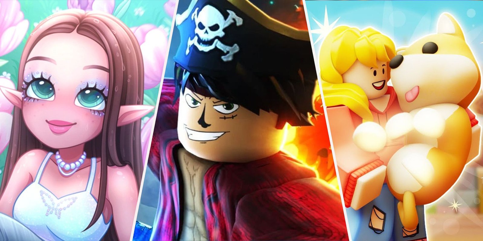 Royale High, Blox Fruits, and Adopt Me! Logos from left to right