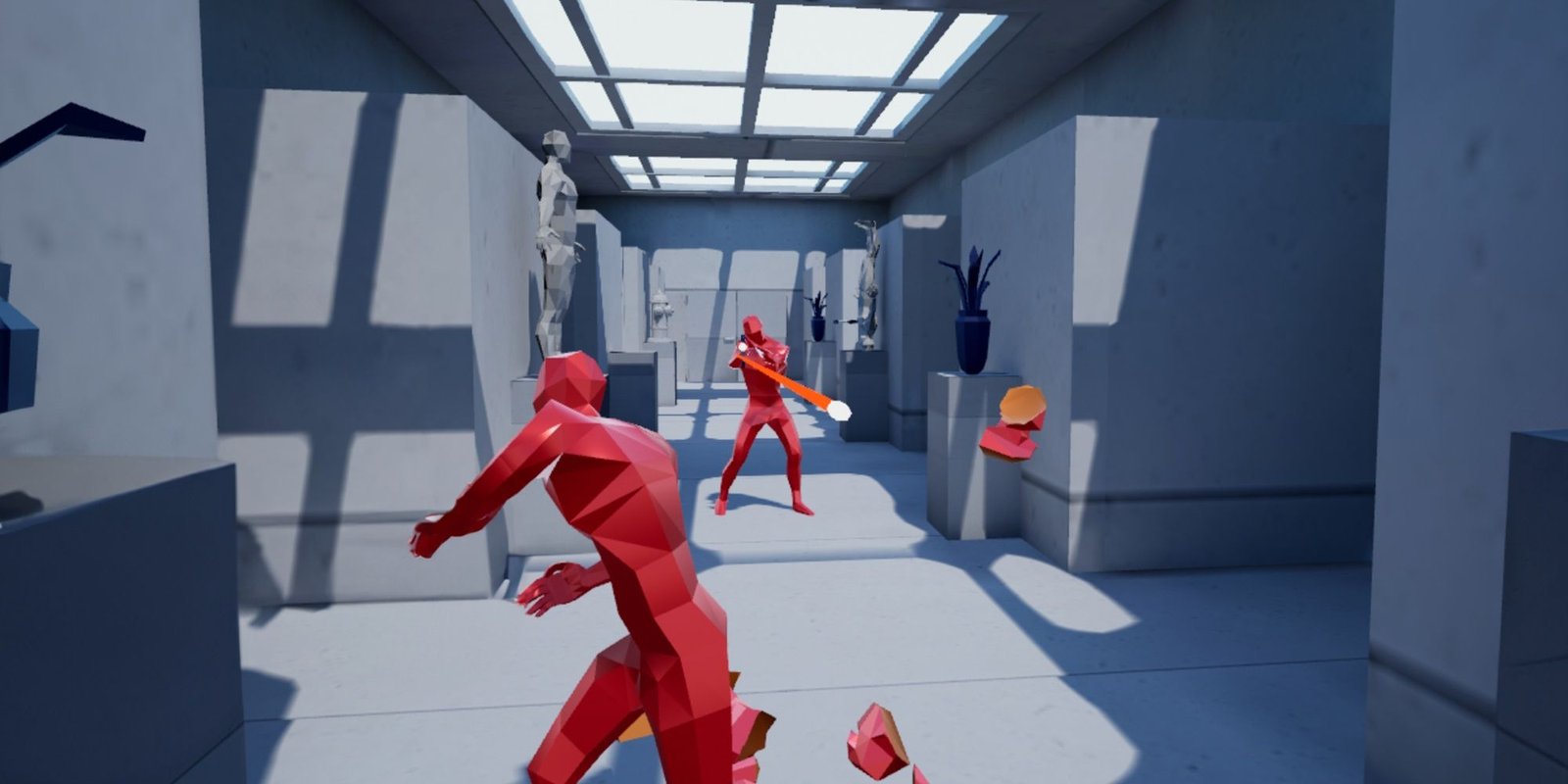 Several red henchmen are attacking in a hallway in Superhot VR.