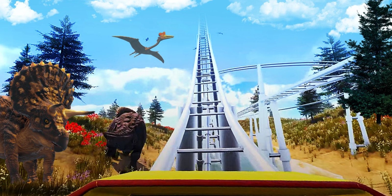 Rollercoaster 360: Riding Through Dinosaur Park On Rails