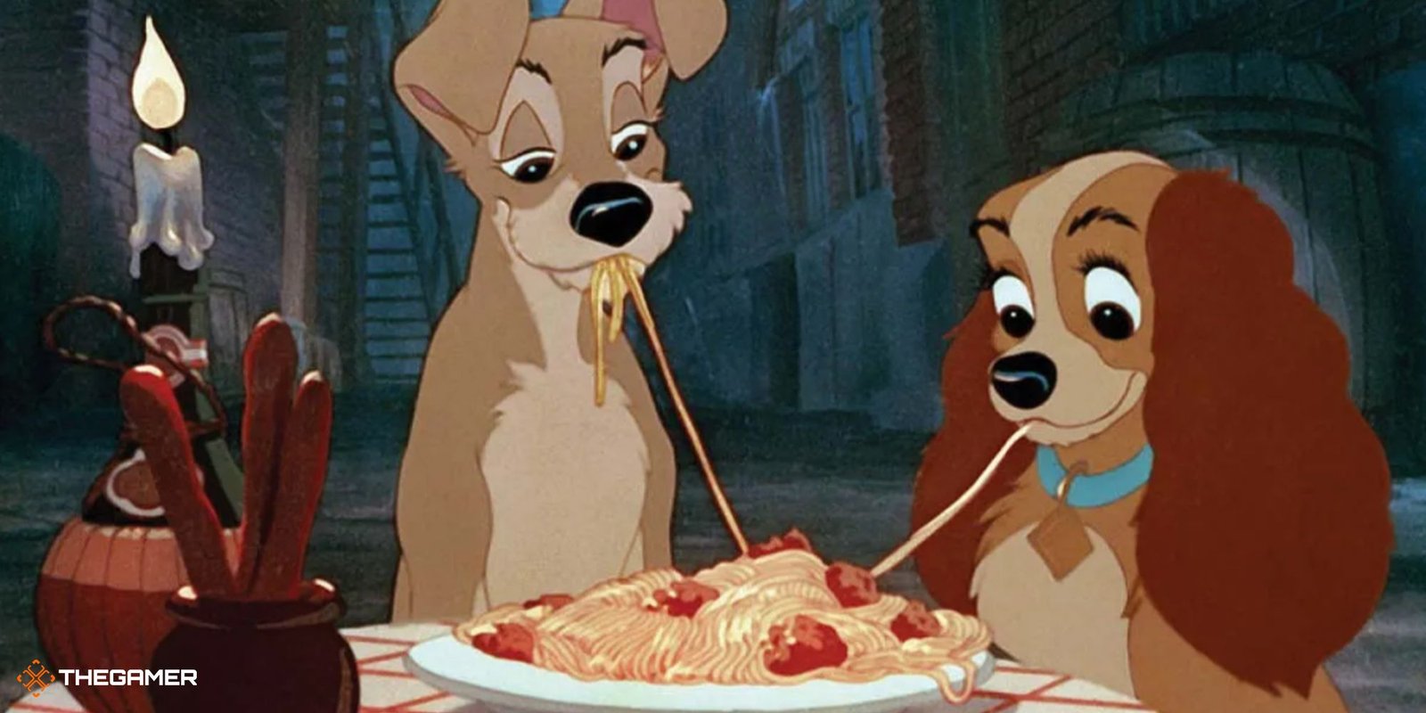 Lady And The Tramp speghetti and meatball scene screenshot Disney